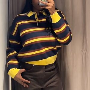 ZARA Striped Yellow Navy Brown Knit Polo Sweater